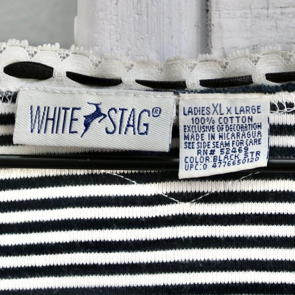 White Stag VTG Preppy Goth Black White Striped Lace Bow 3/4 Sleeve Top​​ Size XL - Picture 3 of 4